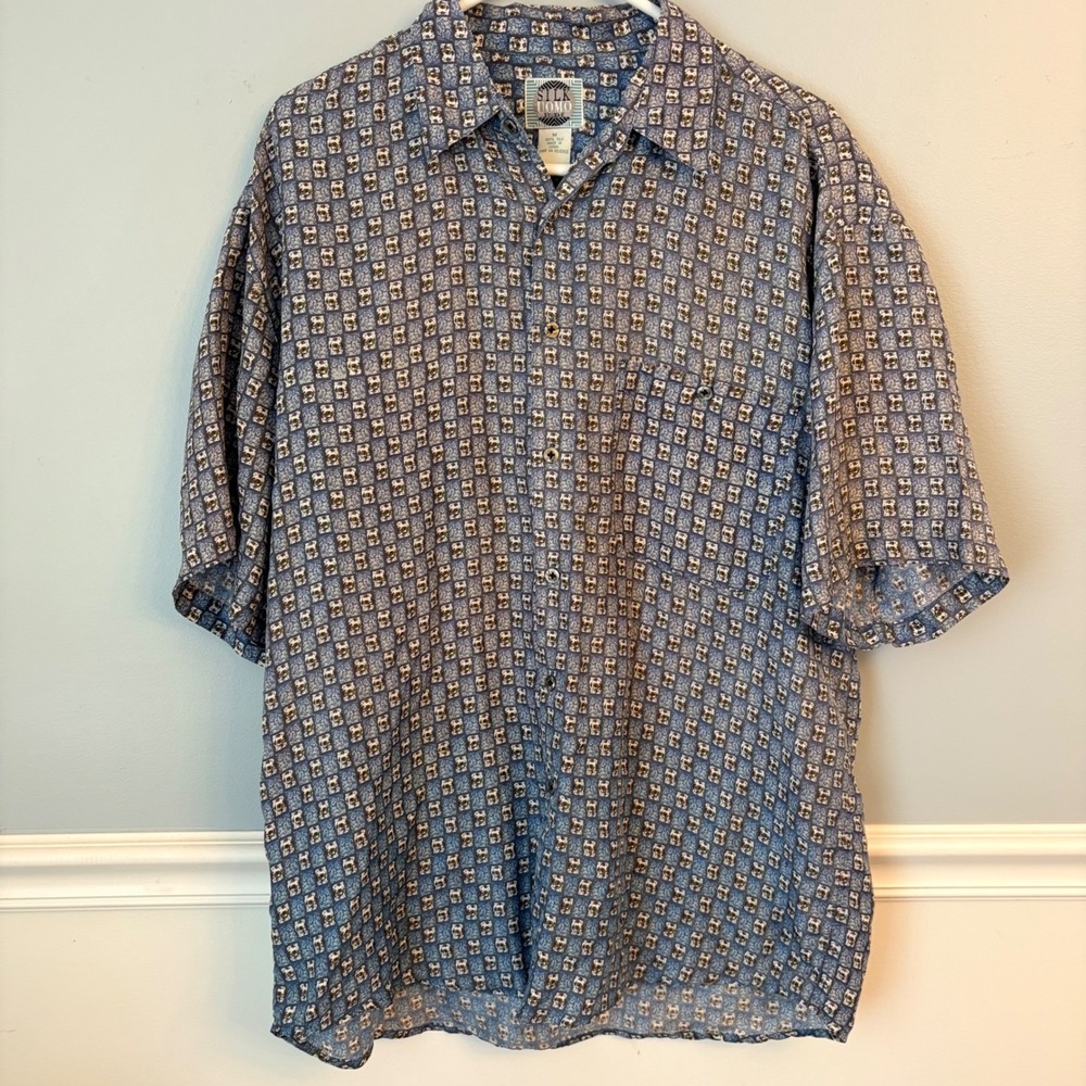 Vtg Silk Uomo by Max 100% Silk Geometric Abstract Short Sleeve Button Shirt Med